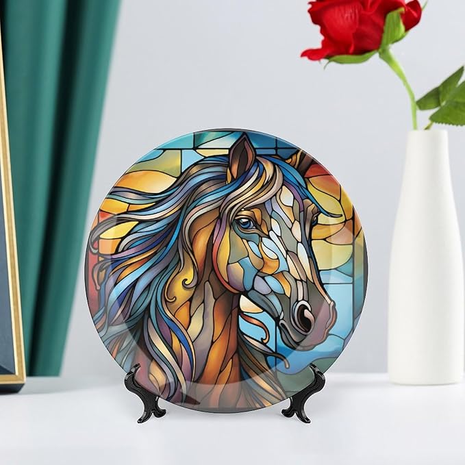 Decorative Plates for Home Decor, Horse Abstract Stained Glass Painting Decor Tray for Table Display, Ceramic Dinner Plate W/Stand, Living Room Dining Room Decor, Gifts for Horse Lover, 8 Inch