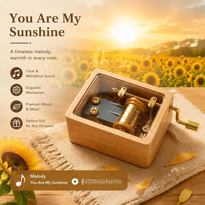 Hand Crank Wooden Music Box - Beech Wood with Clear PVC Window, Premium Golden Movement, Mini Size 6x4.5x3cm, 80g - Ideal Gift for Loved Ones (Contemporary, You are My Sunshine)