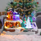 WONDER GARDEN Christmas Village Houses-Christmas Houses Village - Lighted Musical Railway Station Moving Train Town Sets with Revolving Acrylic Trees Animated Figurines for Indoor Decor or Gift