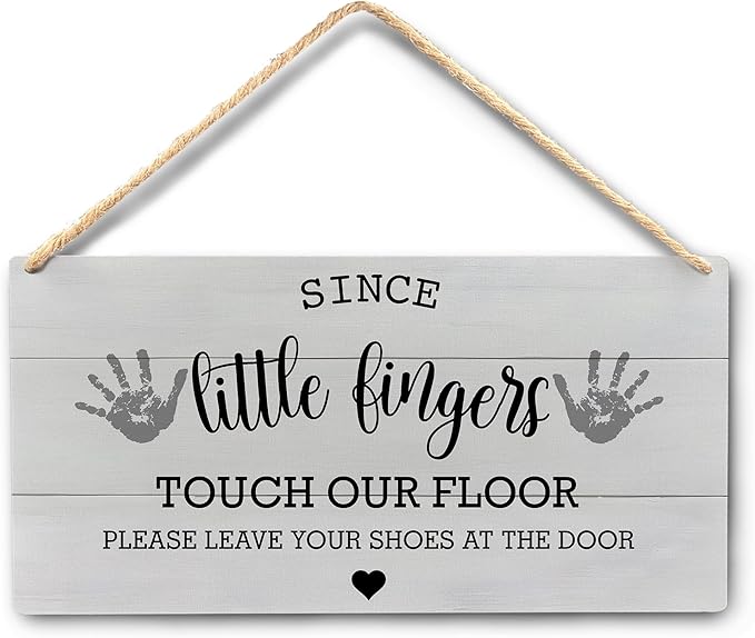 Wall Pediments Shoes Off Sign,Shoes Off Sign for Front Door,Since Little Fingers Touch Our Floor Door Sign,Shoes Off Hanging Welcome Sign for Front Door,12x6 Inches，Wood Grain-7