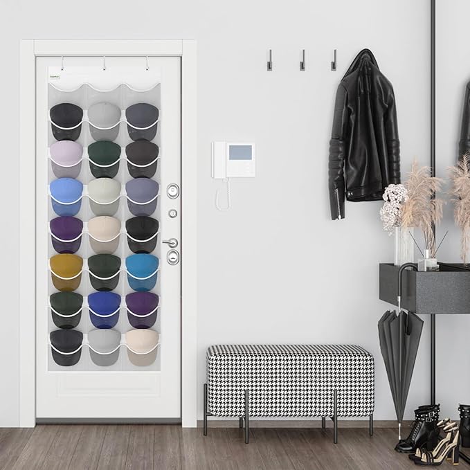 Unjumbly Baseball Hat Rack, 24 Pocket Over-The-Door Hat Organizer with Clear Deep Pockets to Display Baseball Caps Collection, Complete with 3 Over Door Hooks (White, 24 Pockets)