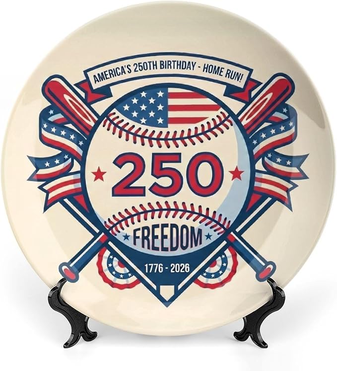 250th Anniversary Decorative Plates 8 Inch Baseball Theme Patriotic Decorations Commemorative Plates with Stand Independence Day 4th of July Semiquincentennial Decor