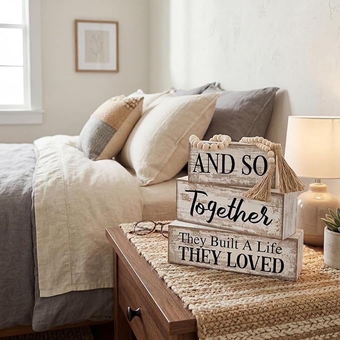 4 Pcs Farmhouse Home Decoration Wooden Tabletop and So Together They Built a Life They Loved Decor Motivational Tiered Tray Decor Rustic Block Sign Retro Bead Garland Table Centerpiece for Shelf Desk