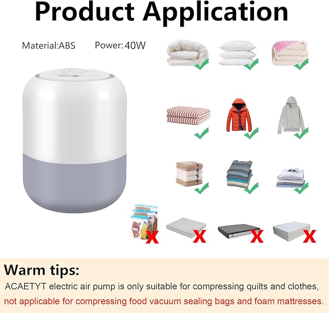 Electric Air Pump for Vacuum Storage Bags, Portable Vacuum Pump for Various Space Saver Bags, Vacuum Storage Bag Pump for Compression Quilts, Clothing (Storage Bag Not Included)