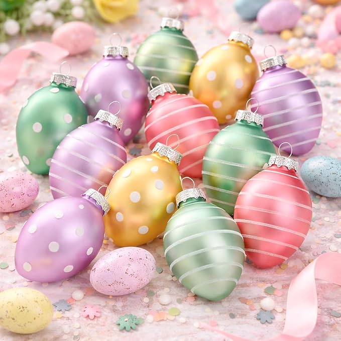 Lillian Vernon Pastel Frost Blown Glass Easter Ornaments - Handcrafted Hanging Tree Decorations, Easter Egg Holiday & Party Decor, 2 in, Assorted, 12-Piece Set