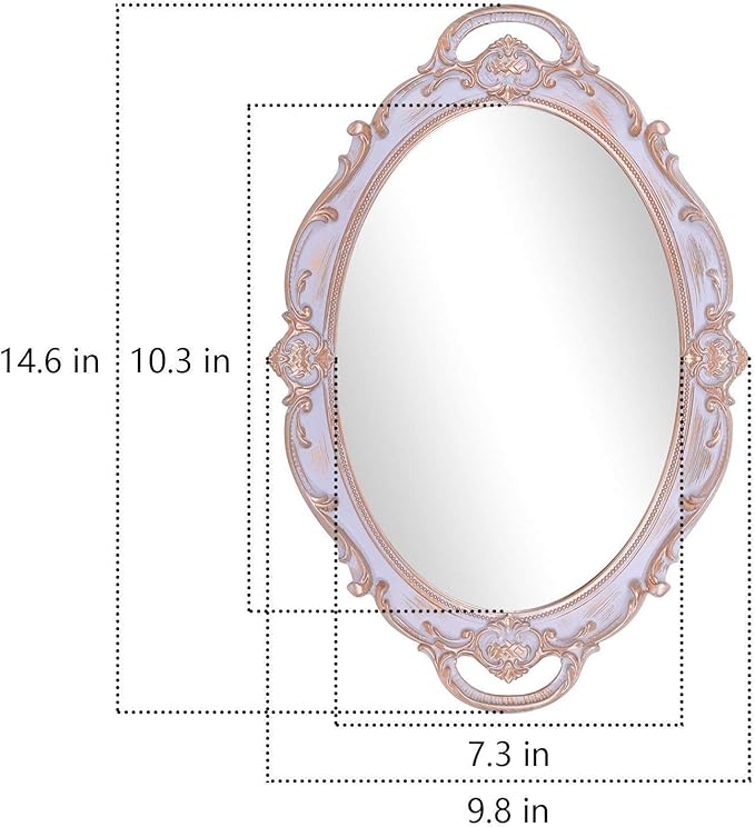 Polyresin Ellipse Antique Decorative Mirror Tray, Makeup Organizer, Jewelry Organizer, Serving Tray, 9.8”x 14.6”, Golden Gray