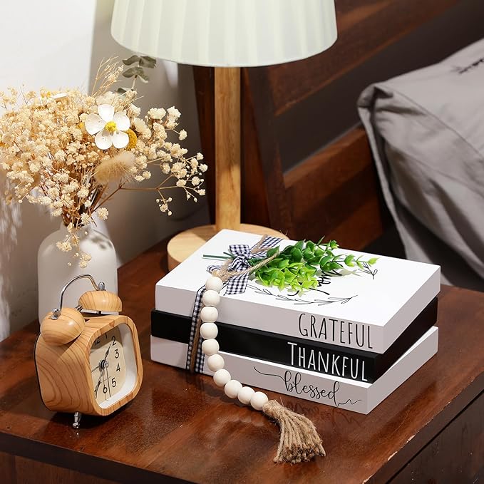 Capoda 3 Pcs Decorative Books for Home Decor Farmhouse Faux Stacked Books Wooden Rustic Table Decor with Bead Garland Twine Ribbon Faux Leaf for Table(Classic)