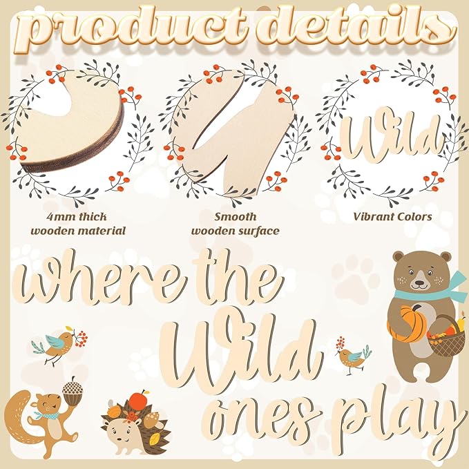 Kigley 5 Pcs Playroom Wall Decor 15.4" x 18" 3D Where The Wild Ones Play Nursery Sign Wooden Wall Art Decoration for Kids Toddler Room Decor Boys and Girls Kindergarten Bedroom Word Sign(Wood Color)