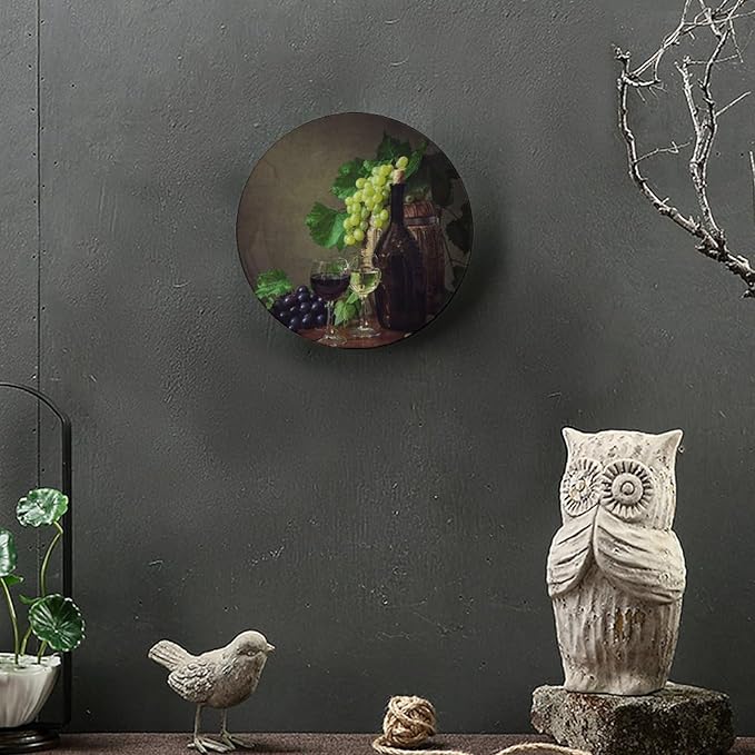 Decorative Plate Stand, 8 Inch, Grapes And Wine On Wooden Table Round Display Plate, Handmade Ceramic Ornament, for Home Kitchen Bedroom Decorative Ornaments