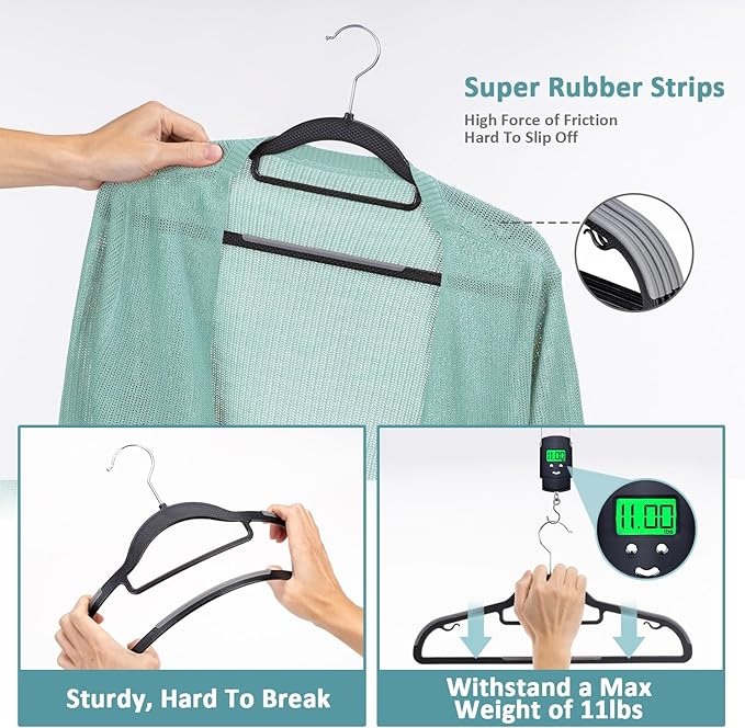 Heavy Duty Plastic Hangers 50 Pack, Space Saving Clothes Hangers, Non-Slip, 0.2 Inches Slim, 360° Swivel Silver Hook for Shirts, Sweaters & Pants, Black and Dark Gray