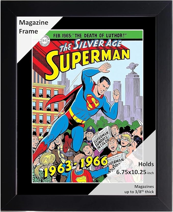 Creative Picture Frames 6.75 x 10.25 Magazine Comic Book Frame with Full-Strength Glass, Holds Up To A 1/4" Thick Media with Installed Hangers for Easy Mounting, 8x12 Black Frame with Black Mat
