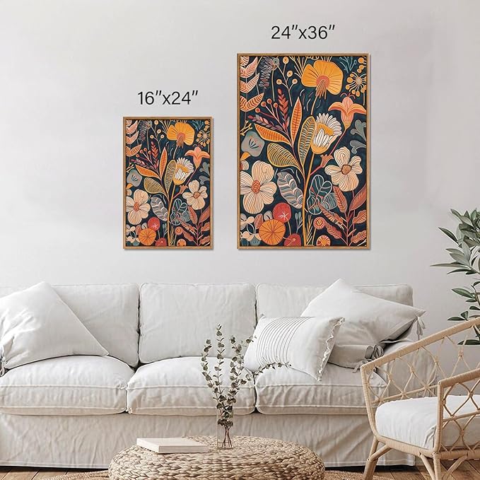 SIGNINART Orange Floral Framed Canvas Wall Art Set of 3, Mid Century Modern Flower Wall Decor, Neutral Plant Artwork, Boho Botanical Art Prints for Bedroom Living Room Office 24"x36"x3