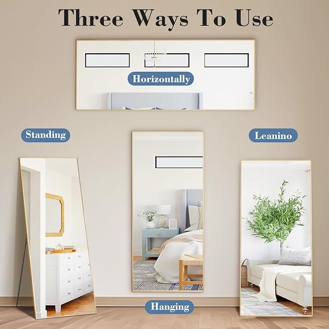 DUMOS 56"x15" Full Length Mirror, Full Body Mirror with Aluminum Alloy Thin Frame, Standing Mirrors with Leaning or Hanging, Suitable for Bedroom, Livingroom, Cloakroom, Gold