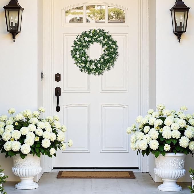 SHACOS Greenery Wreath 15" Artificial Front Door Wreaths Green Wreath with White Flowers for Home Wall Window Farmhouse Decoration 100% Plastic Indoor Outdoor
