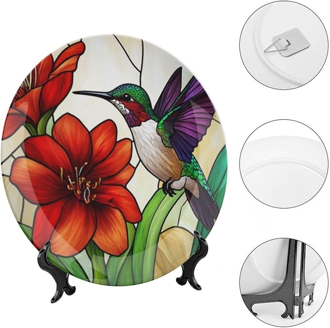 Hummingbird Theme Decorative Ceramic Plate Round Porcelain Plate,8 inch,Floral Rainbow Glass Pattern,for Decorative Ornaments Giving Plates,1 Plate with 1 Display Stand,Red Purple