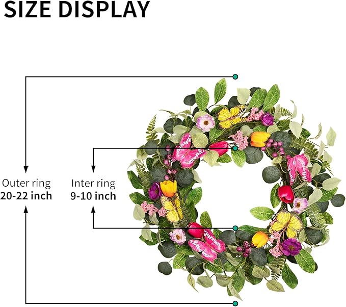 20 Inch Spring Floral Wreath with Butterflies & Berries - Artificial Tulip Eucalyptus Front Door Wreath for Year Round Home Decor, Spring, Summer, Mother's Day, Farmhouse Porch & Home Decor