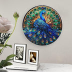 Decorative Plates, Watercolor Peacock Stained Glass Design Display Plate for Home Office Kitchen Table Decor Porcelain Plates 8 Inch, Gifts for Peacocks Lover