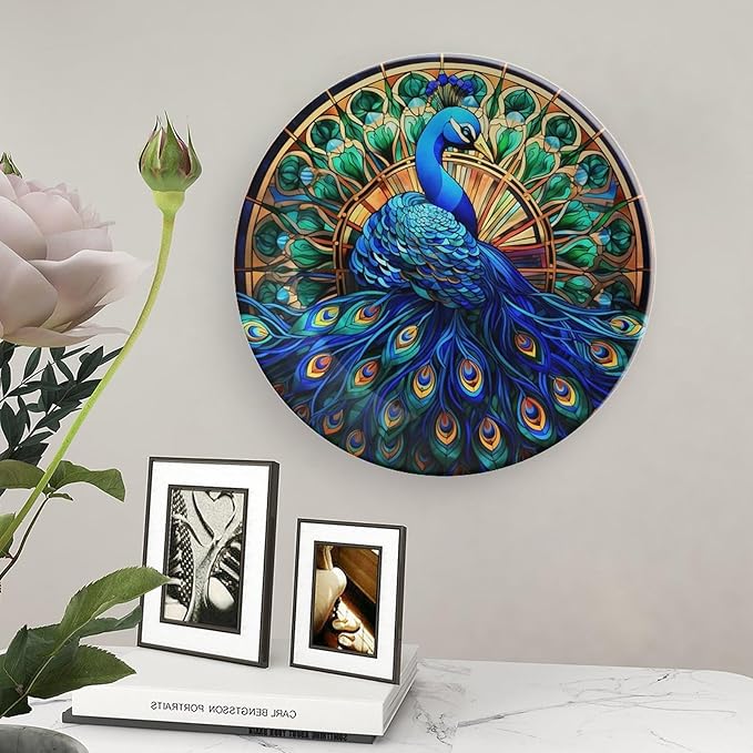 Decorative Plates, Watercolor Peacock Stained Glass Design Display Plate for Home Office Kitchen Table Decor Porcelain Plates 8 Inch, Gifts for Peacocks Lover