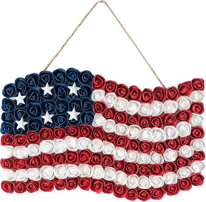 Idyllic 4th of July Wreath Patriotic Independence Day Wreath for Front Door, 17 * 11Inch Window Wall Patio Decoration Memorial Day Americana with Red White and Blue American Flag