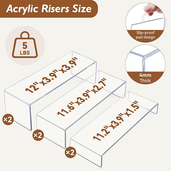 Aminigram Large Acrylic Display Risers, 2 Set - 6 Pack (12”L~11.6”L~11.2”L) Collectibles Display Shelf, Acrylic Risers Display Stands for Show Figures, Cupcake, Perfume, Jewelry, Toys