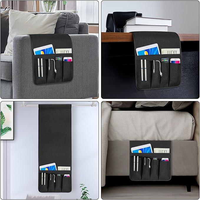 NB Sofa Armrest Organize Remote Holder Bedside Caddy Organizer With 5 Pockets，Non-Slip Couch Remote Control Holder Couch Armchair Caddy Accessories (Black, 35"X12.4")
