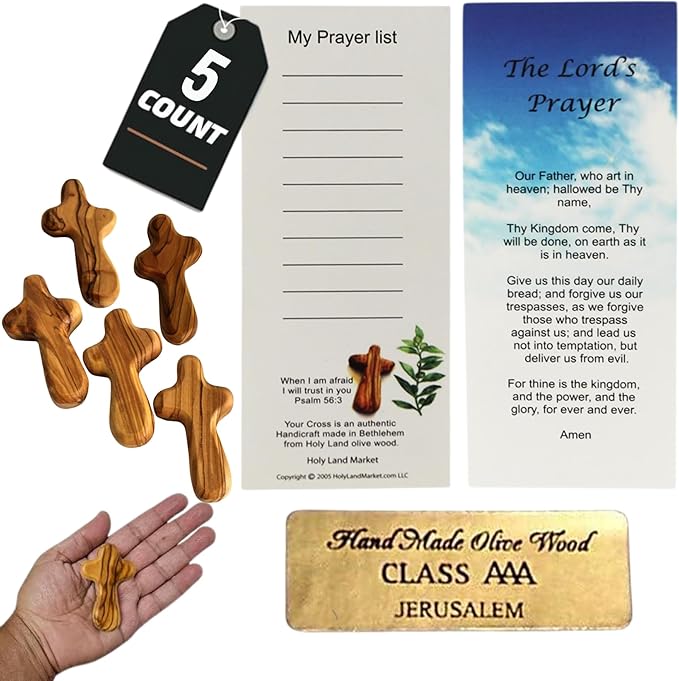 Holy Land Market 5 Olive Wood Crosses From the Holy Land - 2.5 Inch Pocket Palm Crucifix | Handmade Jerusalem, Bethlehem Israel - Gifts by Christians with Certificates -Holy Land Olive Wood Cross x5