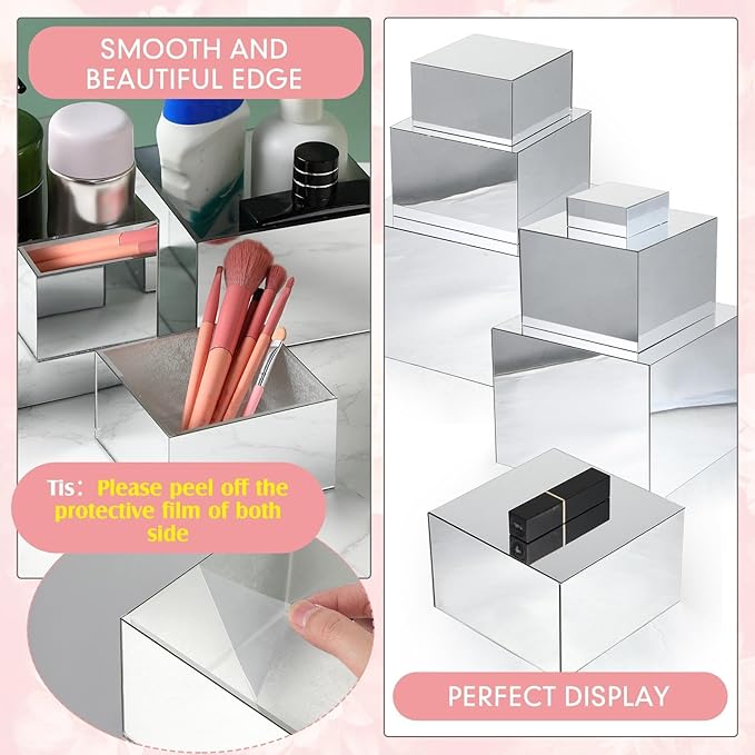 Geelin 6 Pack Acrylic Risers for Display Acrylic Cube Boxes Risers Display Stands with Hollow Bottoms Decorative Stand for Jewelry Candy Table Decor 6 Sizes(Silver,3 to 8 Inch,Square)