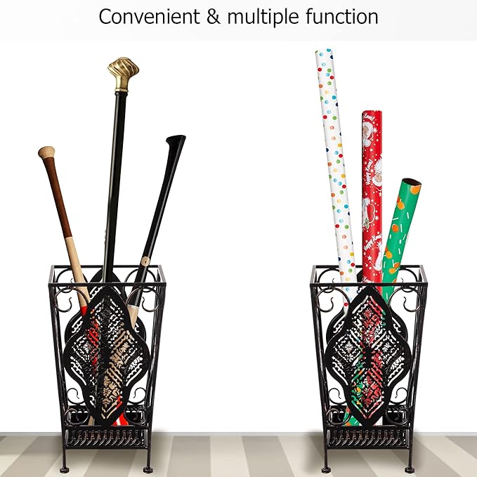 Dualplex Umbrella Holder Umbrella Stand Rack Metal Entry Hallway Décor w/Removable Drip Tray for Home Office Holds Umbrellas Canes Walking Sticks 16" Tall (Square, Antique)