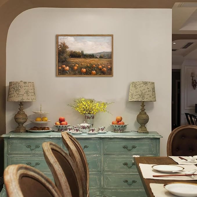 Framed Vintage Pumpkin Wall Art, Farmhouse Pumpkin Field Pictures Wall Decor, Rustic Harvest Landscape Paintings Canvas Prints Country Fall Home Decor for Living Room Kitchen 16×24 inch