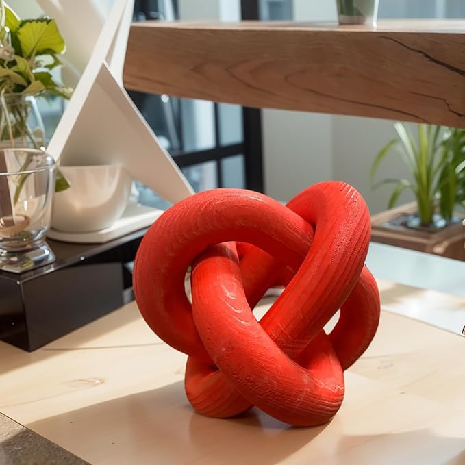 Wood Knot Chain Link Decor - 3 Link Boho Wooden Hand Carved Decorative Wooden Links Knots for Coffee Table Entryway Modern Farmhouse Shelf Decoration (Red)
