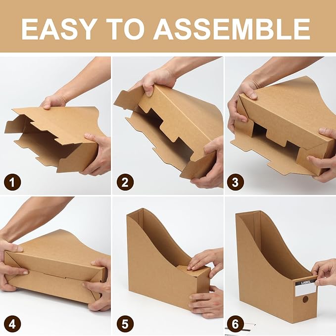 24 Pcs Cardboard Magazine File Holders, Bulk Kraft Paper Magazine Book Bin Box with Label Sticker, Paper Organizer Storage Folder for School Classroom Office Library Home Supplies Desk Shelve