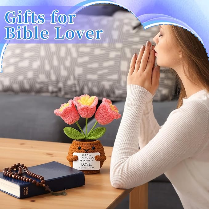 Wavwavw 6 Pcs Christian Gift for Women Inspirational Religious Gifts Positive Faith Scripture Crochet Handmade Bible Verse Crochet Doll with Prayer Card for Vbs Church(Lily of the Valley)