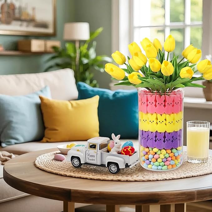 Easter Decorations - Mini Farmhouse Vintage Metal Truck with Easter Eggs & Bunny, White Spring Farm-Style Pickup Decor for Table Tiered Tray Home Kitchen Office Keepsake Gifts