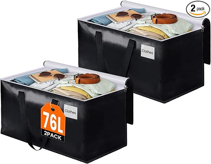 BlissTotes Moving Bags, Heavy Duty Moving Boxes with Zippers Top and Sturdy Handles, Storage Bags for Space Saving and Packing, Collapsible Moving Supplies, Storage Totes (76L, 2-Pack, Black)