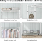 Homdox 3 Tier Heavy Duty Garment Rack with Wheels, Adjustable Wire Clothes Rack with Double Hanging Rods, Portable Closets for Hanging Clothes with Side Hooks, White