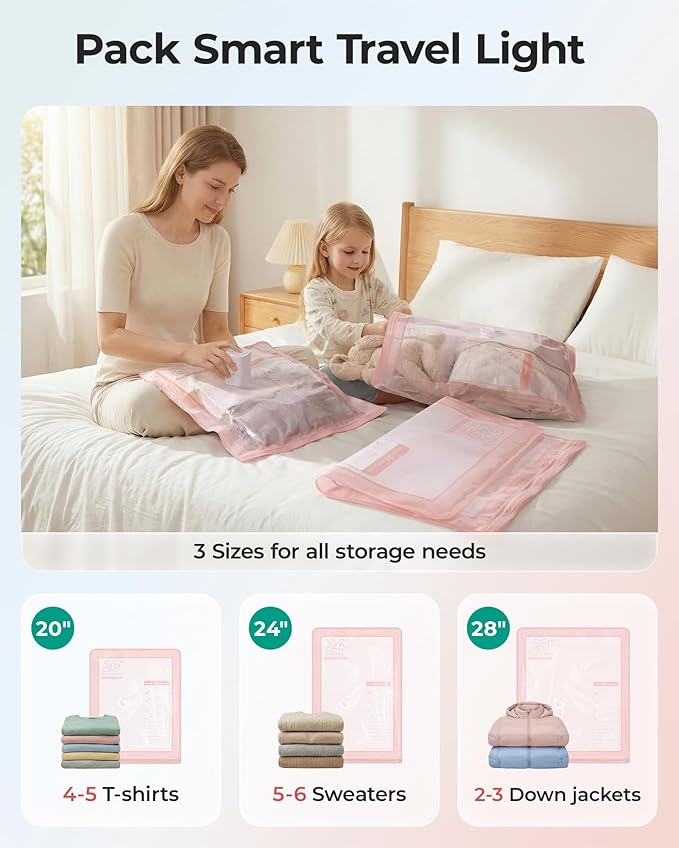 BAGSMART Vacuum Storage Bags with Portable Pump, Travel Space Saver Bags for Clothes, Heavy Duty Compression Bags for Storage, Vacuum Seal Bags with Hand Pump, Travel Essentials for Packing-Pink