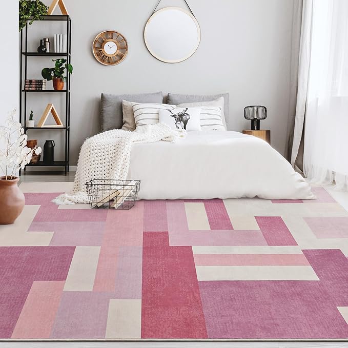 FlyDOIT Modern Geometric Patchwork Area Rug, 8x10 Pink Large Rugs for Living Room, Rockwood Collection Indoor Rugs for Bedroom, Throw Carpet Floor Decor for Entryway Dining Room Office Nursery