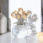 Arikyrist Crystal Gold Rose Bouquet Figurine with Round Vase, Glass Rose Flower Romantic Gifts for Women Mom on Christmas, Collectible Decoration Table Centerpiece for Home