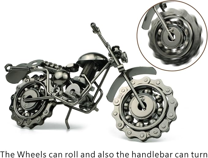TRANSGOOD Handmade Motorcycle Model with Rolling Wheels, 9" Vintage Steampunk Bike Sculpture, Heavy-Duty Iron Desk Decor, Unique Biker Gift for Dad Husband, Industrial Man Cave Office Home Art (B03)