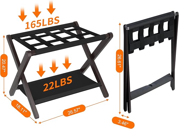 Heybly Luggage Rack, Pack of 2, Folding Suitcase Stand with Storage Shelf, Heavy-Duty Luggage Holder for Guest Room Bedroom Hotel, Holds up to 165 lb, Black, HLR010Z2