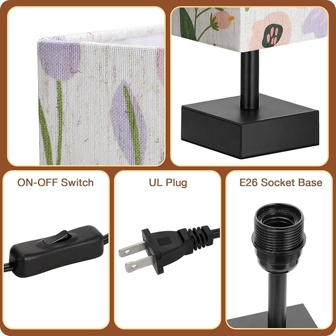 aooshine Flower Table Lamp for Bedroom - Bedside Lamp for Nightstand, Minimalist Night Stand Light Lamp with Square Fabric Shade, Desk Reading Lamps for Kids Room Living Room Office Dorm