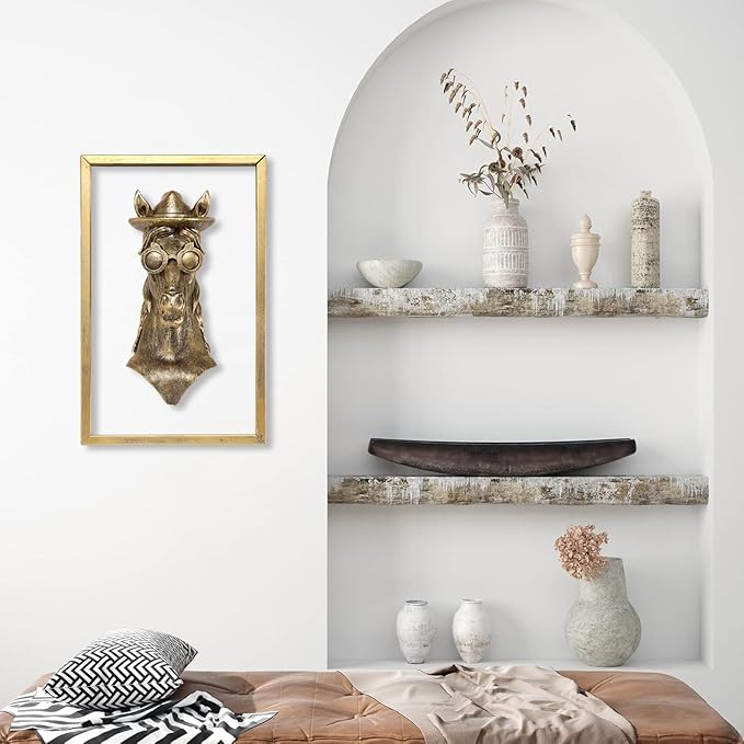 Newinhome Animal Heads Wall Decor (Includes Metal Frame) Resin Animals Sculptures Head Wall Hanging Decoration Gold vintage Wall Sculpture for Living Room Bedroom Office(Horse)