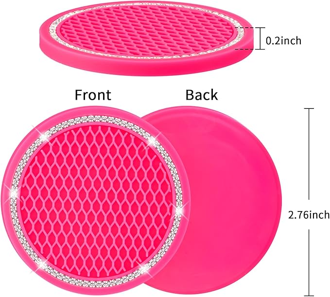 COCASES Car Coasters, 4 Pack Universal Vehicle Bling Car Coaster, Rhinestone Coaster for Cup Holders, Car Interior Accessories 2.75'' Silicone Car Coasters for Women(Hot Pink, White Crystal Circle)