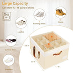 Criusia Shoe Organizer for Closet, 2 Pack Foldable Shoe Storage Organizer Box Bin with Adjustable Dividers and Clear Cover, Closet Shoe Storage for Sneakers Sandals Boots, Fit 16-32 Pairs, Beige