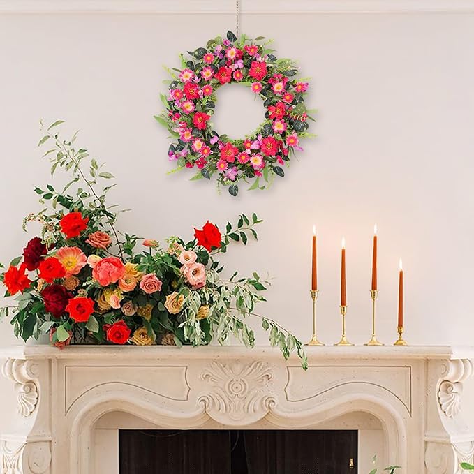 24 Inch Large Spring Summer Front Door Wreaths, Artificial Eucalyptus Daisy Wreath with Pink Red Flowers, Rustic Farmhouse Wreath for Porch Wall Window, Indoor Outdoor All Season Home Decor