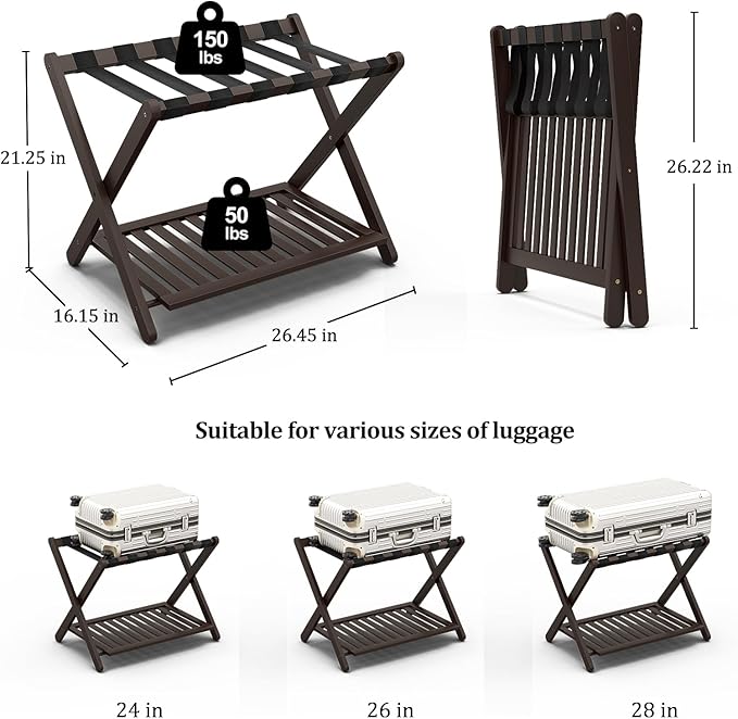 Bamboo Luggage Racks Set of 2, Fully Assembled Luggage Rack for Guest Room, Folding Suitcase Stand with Shoe Shelf, Heavy Duty Luggage Holder for Suitcases, Dark Brown