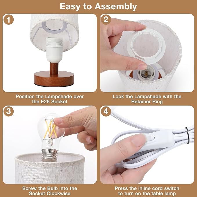 Fenmzee Small Table Lamp for Bedroom - Inline Control, Bedside Lamp with 3000K A15 LED Blub, Easy Assembly (Cream Shade - Walnut Base, 9" Inline Control)