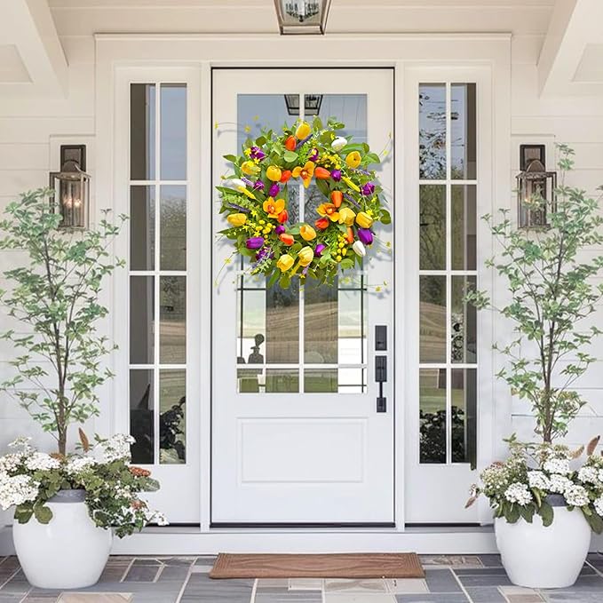 Spring Wreaths for Front Door 24 Inch,Spring Summer Wreath with Colorful Tulip,Eucalyptus and Ferns,Tulip Wreath for Indoor Outdoor Farmhouse Home Porch Wall Decor