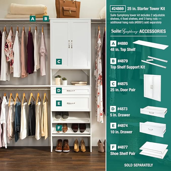 ClosetMaid SuiteSymphony Wood Closet Organizer System, 25-Inch Starter Kit with Tower and 3 Hang Rods and Shelving, Adjustable Shelves, Customizable Insert, Reach-in or Walk-in Closets, Pure White