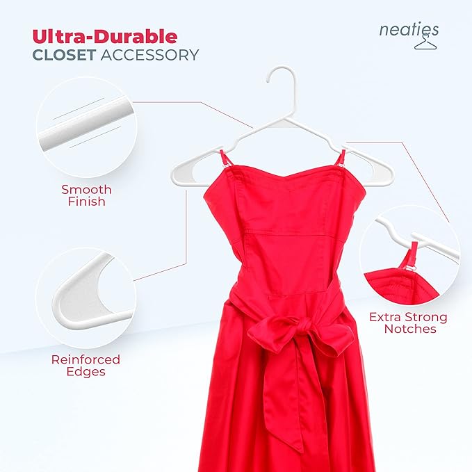 Neaties Plastic Hangers 15 Pack – Made in The USA – 6lb Capacity Standard Clothes Hangers with Notches and Reinforced Edges for Dresses, Lingerie, Shirts, Pants, and Jackets – White